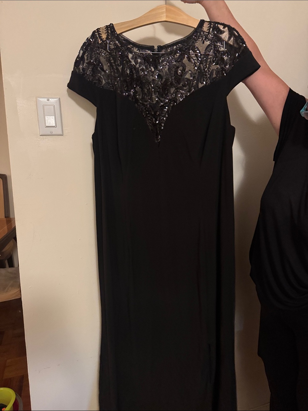 Adrianna Papell Black Maxi Dress with Sequin Lace Yoke